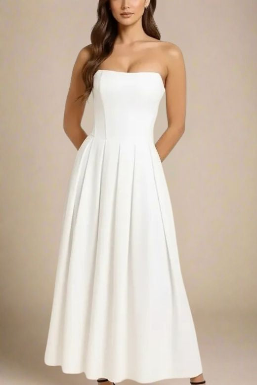 Woman wearing a figure flattering  Capri Bodycon Strapless Midi Dress - Pearl White BODYCON COLLECTION