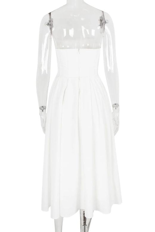 Woman wearing a figure flattering  Capri Strapless Midi Dress - White Pearl BODYCON COLLECTION