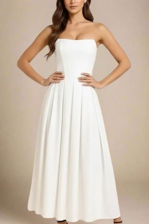 Woman wearing a figure flattering  Capri Strapless Midi Dress - White Pearl BODYCON COLLECTION