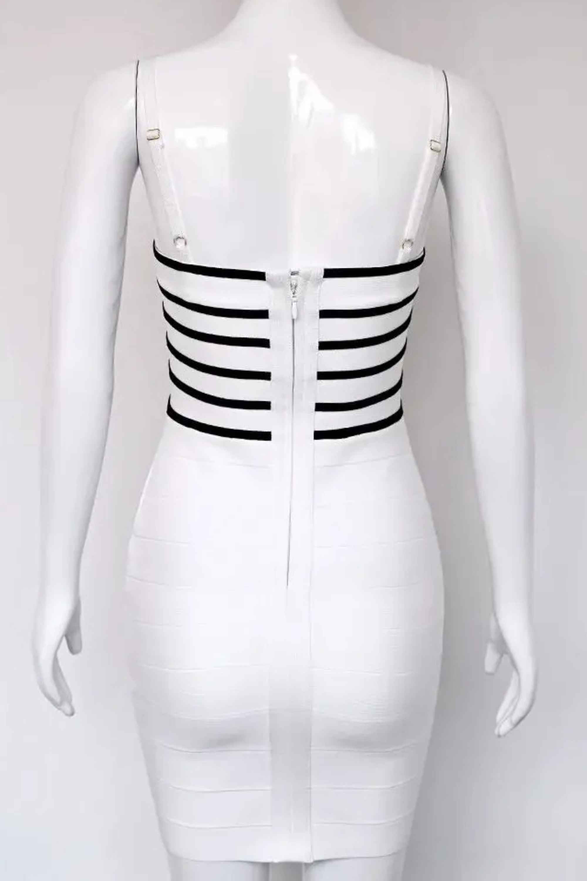 Woman wearing a figure flattering  Carter Bandage Mini Dress - Pearl White BODYCON COLLECTION