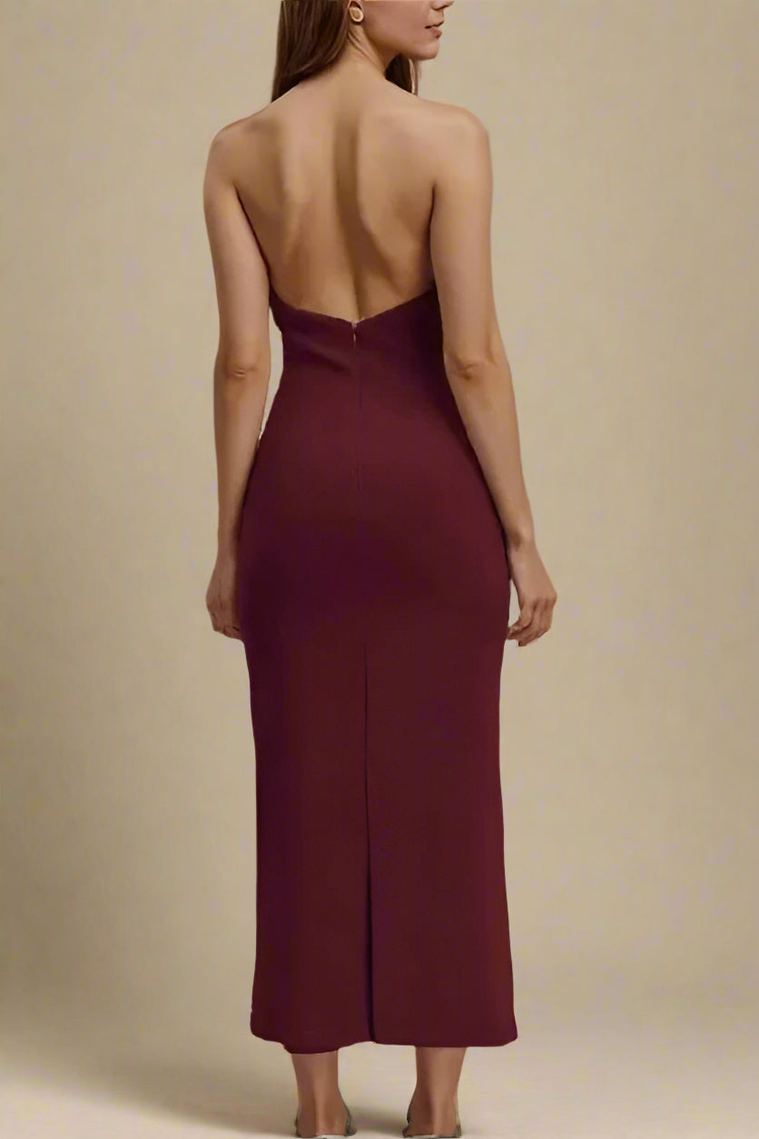 Woman wearing a figure flattering  Celine Bodycon V Neck Midi Dress - Red Wine BODYCON COLLECTION