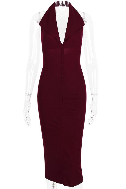 Woman wearing a figure flattering  Celine Bodycon V Neck Midi Dress - Red Wine BODYCON COLLECTION