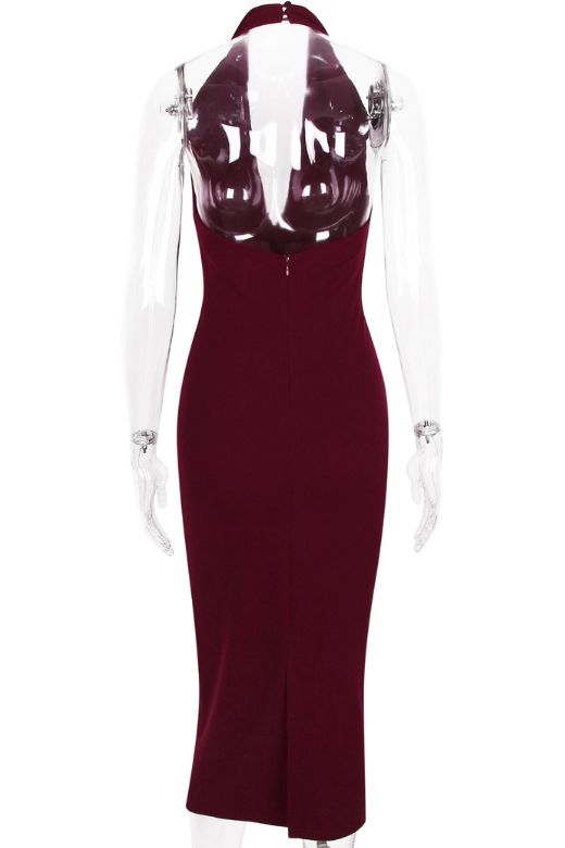 Woman wearing a figure flattering  Celine Bodycon V Neck Midi Dress - Red Wine BODYCON COLLECTION