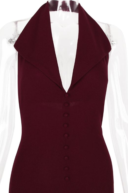 Woman wearing a figure flattering  Celine Bodycon V Neck Midi Dress - Red Wine BODYCON COLLECTION