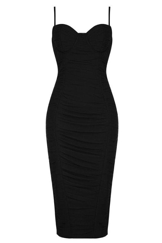 Woman wearing a figure flattering  Chance Bodycon Wrap Midi Dress - Classic Black BODYCON COLLECTION