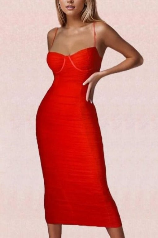 Woman wearing a figure flattering  Chance Bodycon Wrap Midi Dress - Lipstick Red BODYCON COLLECTION