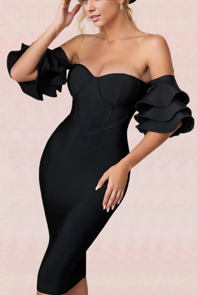 Woman wearing a figure flattering  Charlie Bandage Dress - Classic Black BODYCON COLLECTION