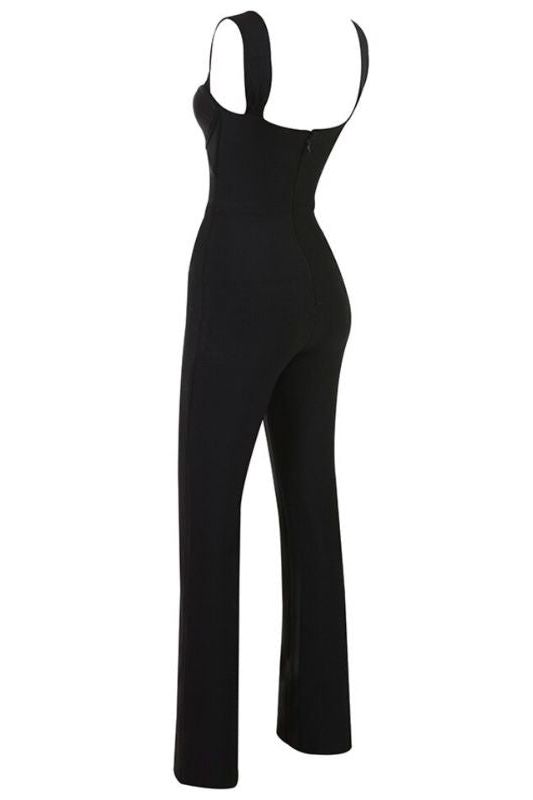 Woman wearing a figure flattering  Chloe Bandage Pants Jumpsuit - Classic Black BODYCON COLLECTION