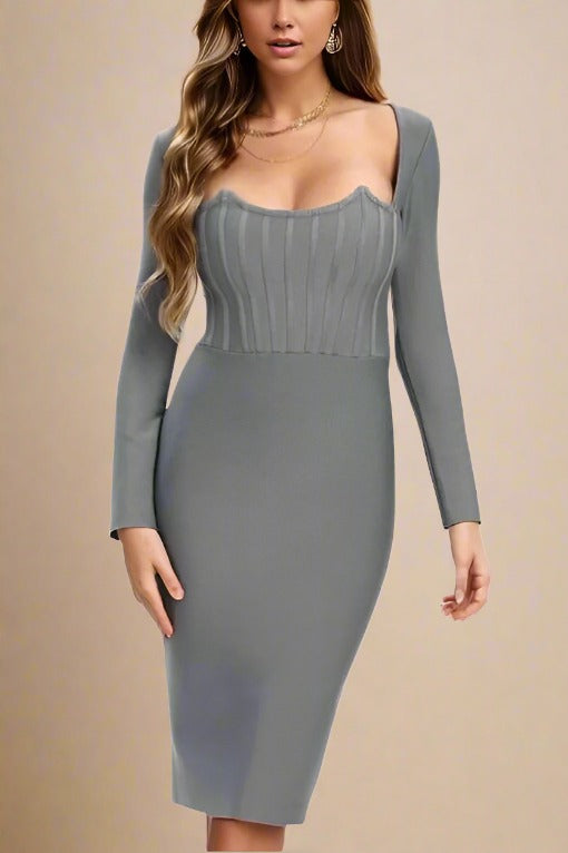 Woman wearing a figure flattering  Cia Long Sleeve  Bandage Dress - Steel Grey BODYCON COLLECTION
