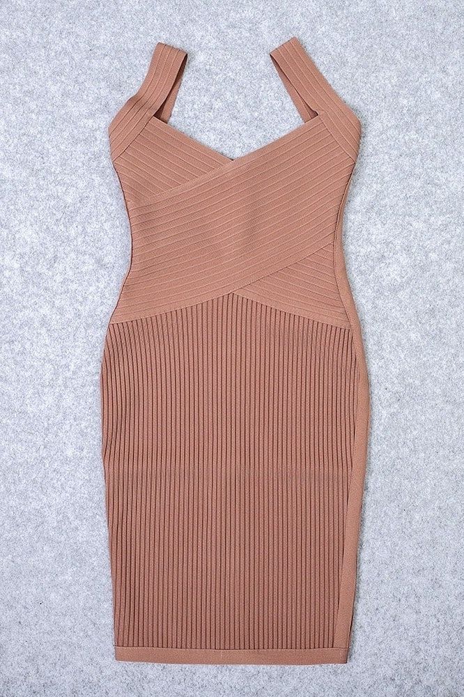 Woman wearing a figure flattering  Ciara Bandage Dress -  Tan Brown Bodycon Collection