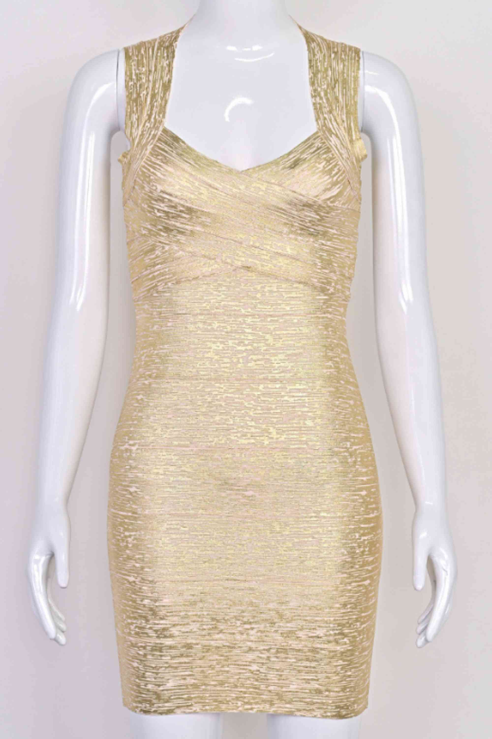 Woman wearing a figure flattering  Ciara Bandage Mini Dress - Gold BODYCON COLLECTION