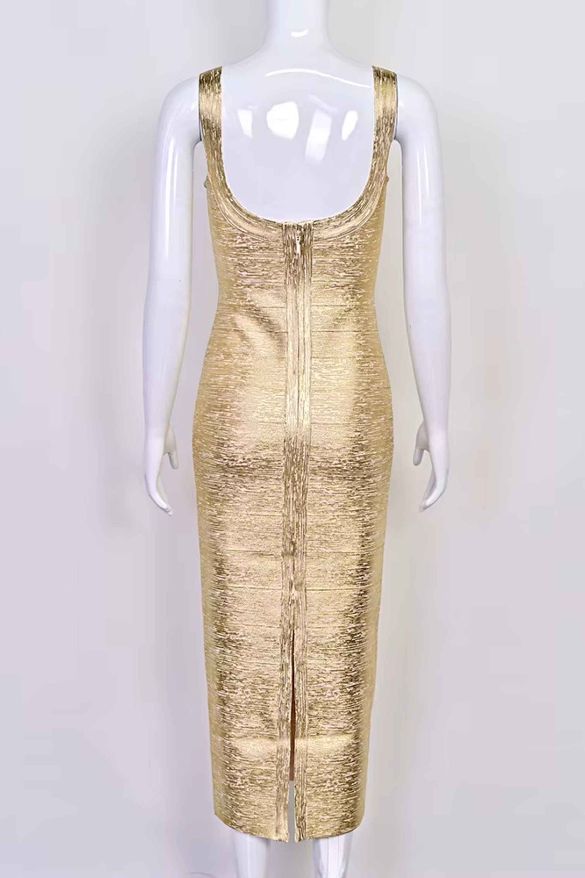 Woman wearing a figure flattering  Cindy Bandage Maxi Dress - Gold BODYCON COLLECTION Pty Ltd