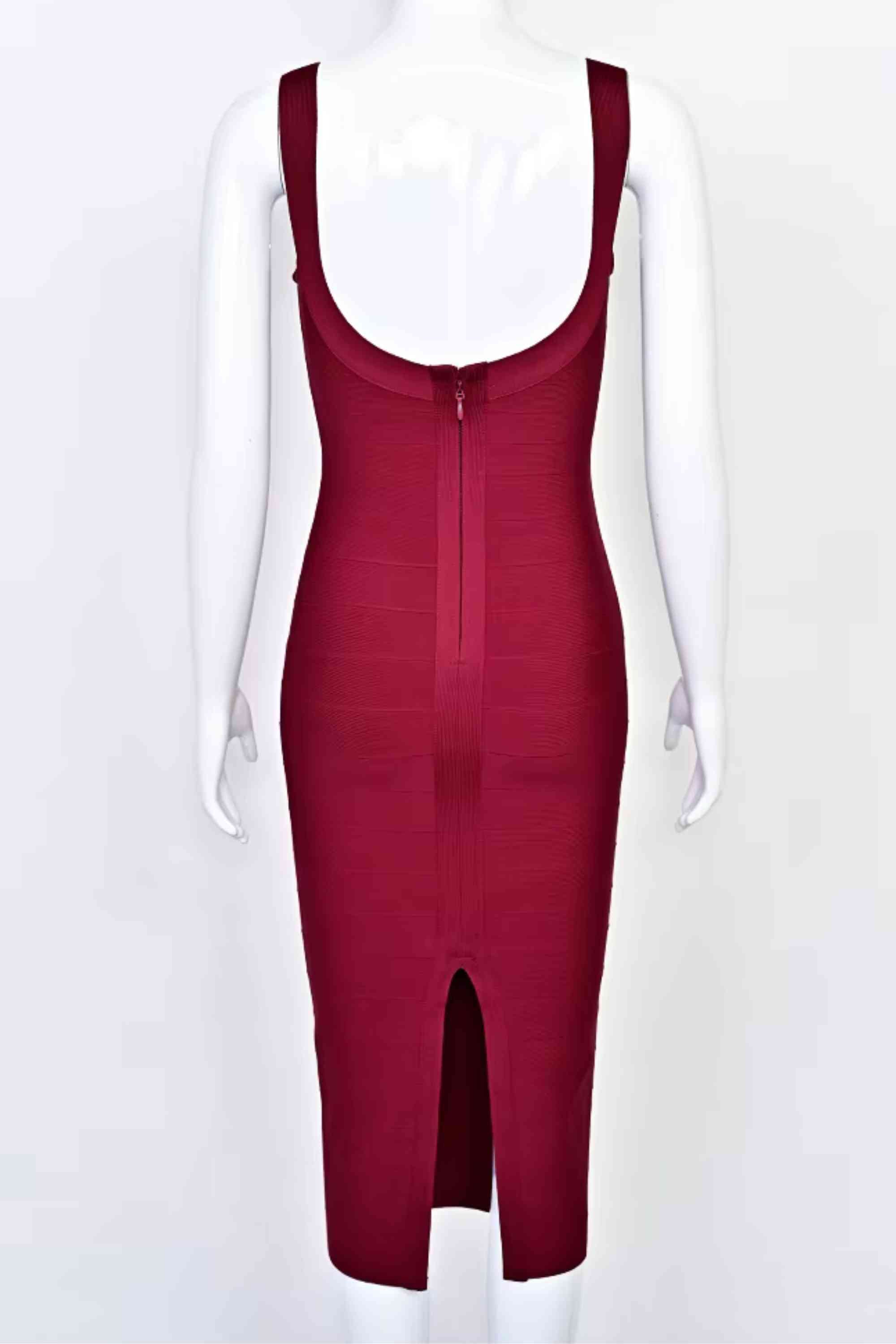 Woman wearing a figure flattering  Cindy Bandage Midi Dress - Red Wine BODYCON COLLECTION Pty Ltd