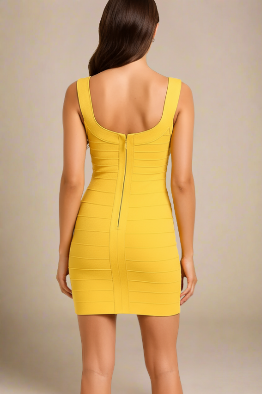 Woman wearing a figure flattering  Cindy Bandage Mini Dress - Mustard Yellow BODYCON COLLECTION Pty Ltd