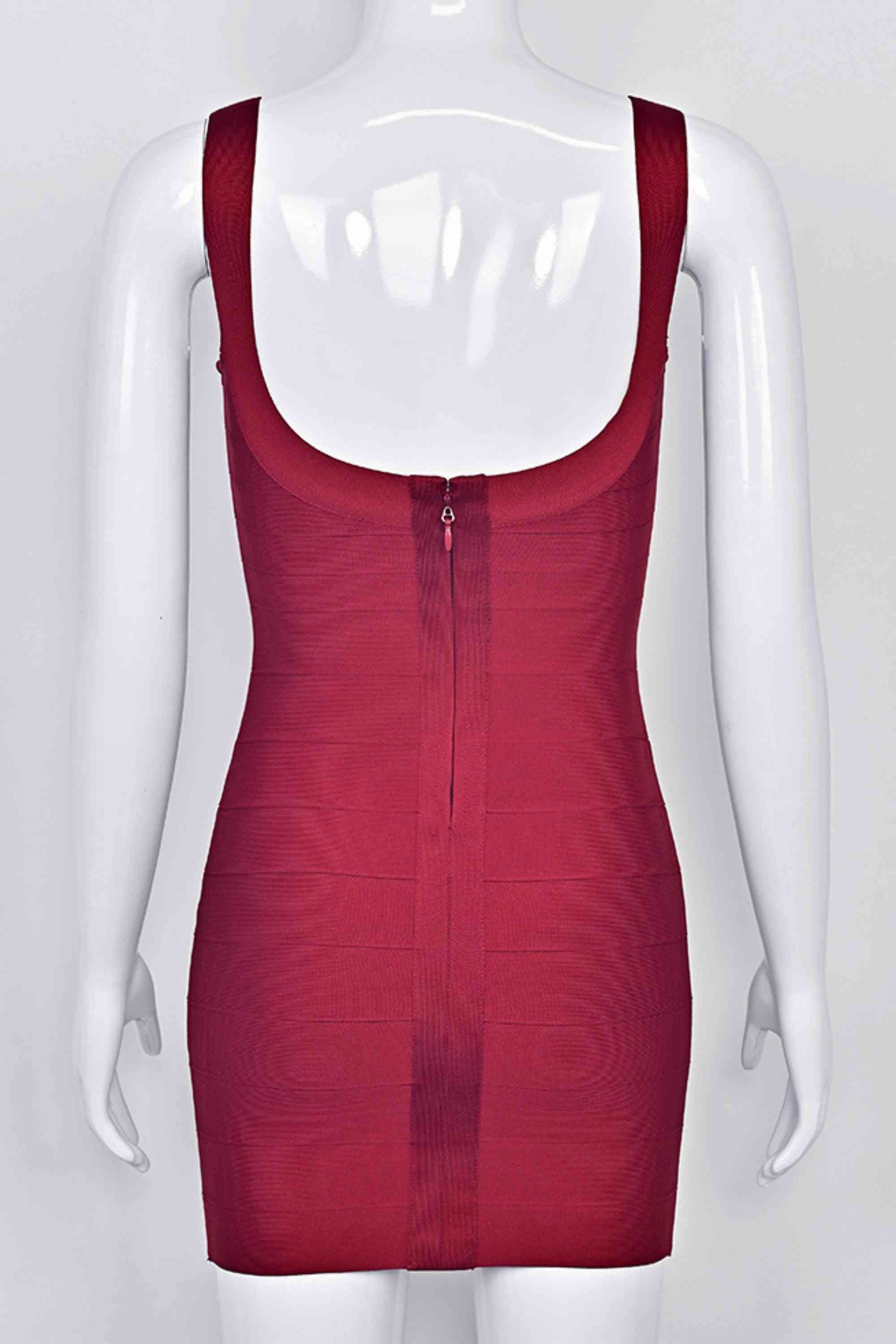 Woman wearing a figure flattering  Cindy Bandage Mini Dress - Red Wine BODYCON COLLECTION Pty Ltd