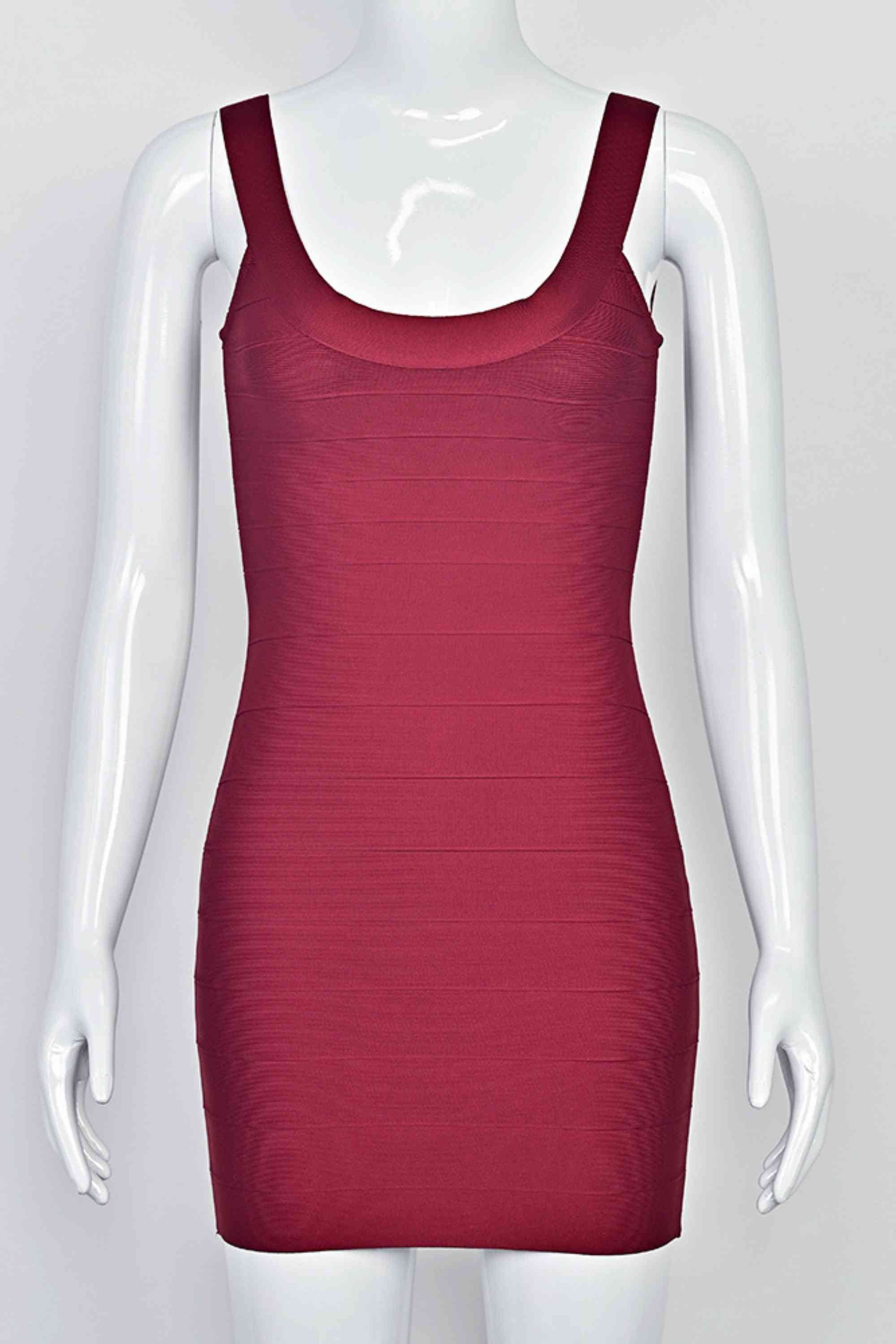 Woman wearing a figure flattering  Cindy Bandage Mini Dress - Red Wine BODYCON COLLECTION Pty Ltd