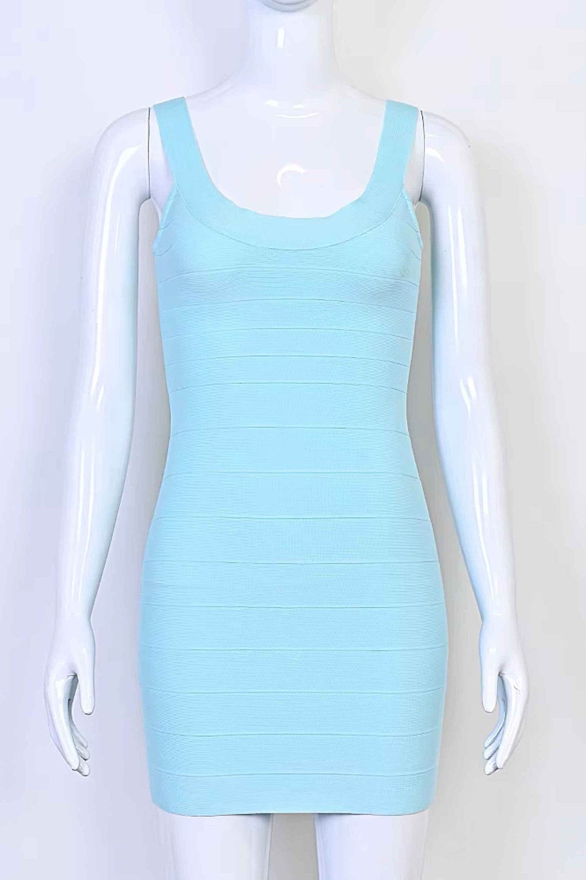 Woman wearing a figure flattering  Cindy Bandage Mini Dress - Sky Blue BODYCON COLLECTION Pty Ltd