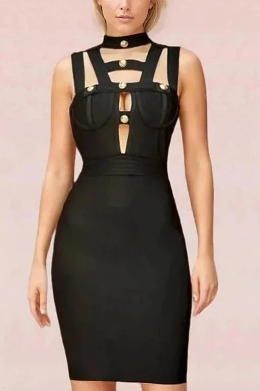 Woman wearing a figure flattering  Cleo Bandage Dress - Classic Black BODYCON COLLECTION