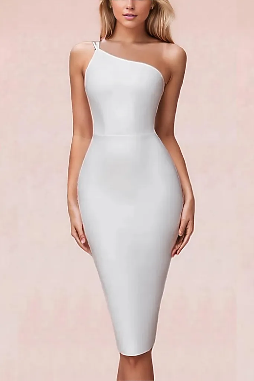 Woman wearing a figure flattering  Connie Bandage Midi Dress - Pearl White BODYCON COLLECTION