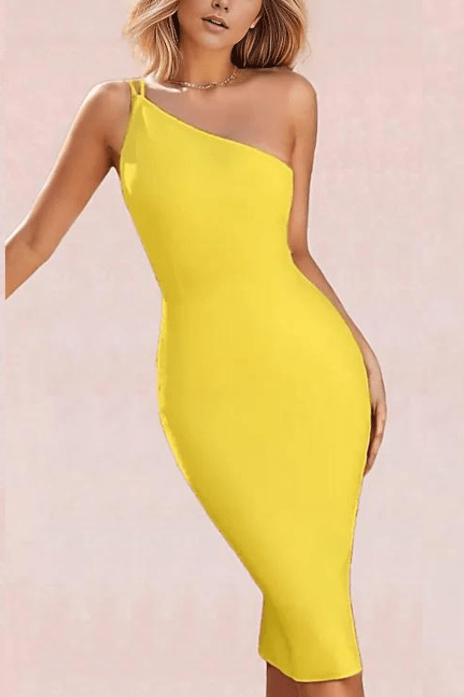 Woman wearing a figure flattering  Connie Bandage Midi Dress - Sun Yellow BODYCON COLLECTION