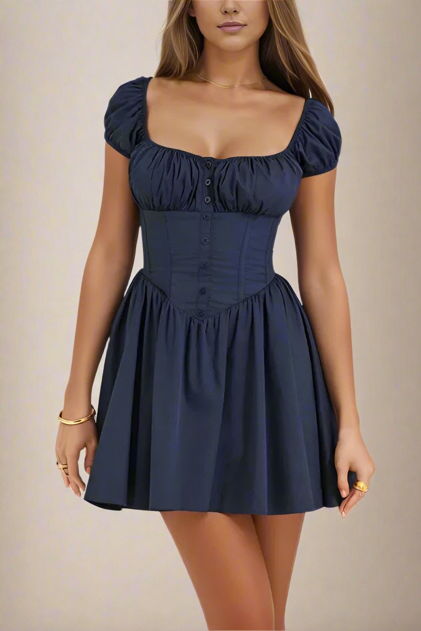 Woman wearing a figure flattering  Corey Bodycon Mini Dress - Navy Blue BODYCON COLLECTION