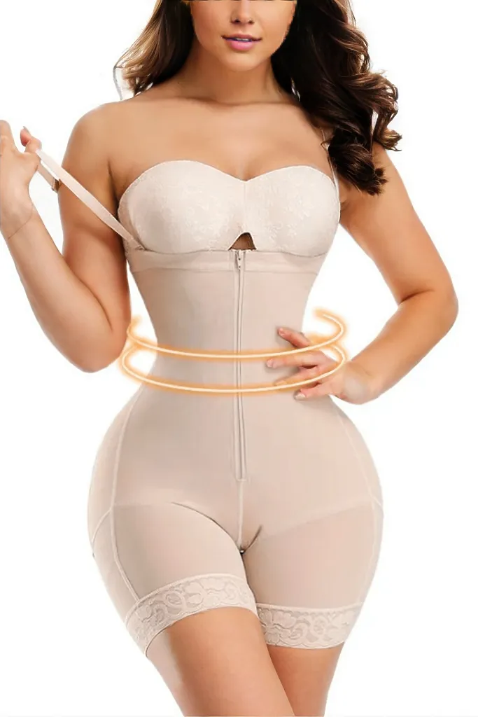 Woman wearing a figure flattering  Corset Shorts With Straps Shapewear - Mid Thigh Bodycon Collection