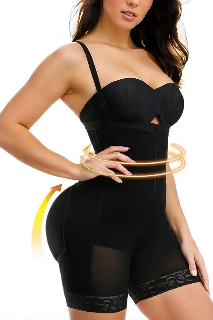 Woman wearing a figure flattering  Corset Shorts With Straps Shapewear - Mid Thigh Bodycon Collection