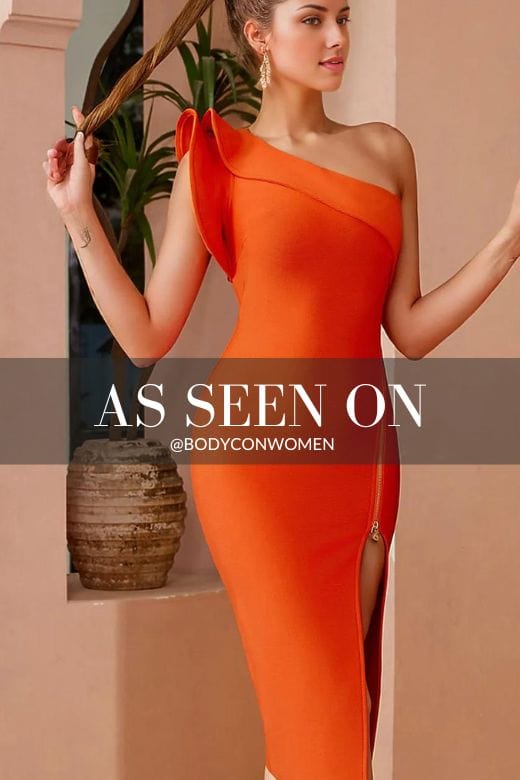 Woman wearing a figure flattering  Daphne Bodycon Dress - Apricot Orange BODYCON COLLECTION