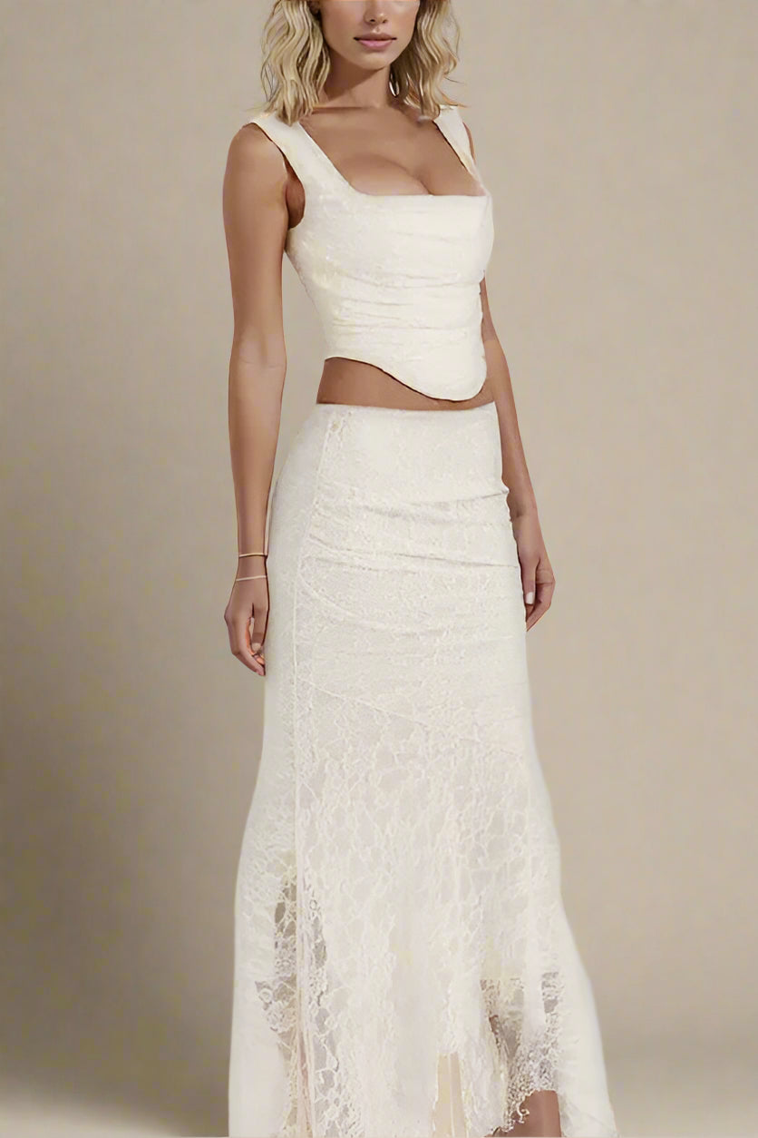 Woman wearing a figure flattering  Darling Wrap Top and Maxi Skirt Outfit Set - Ivory BODYCON COLLECTION