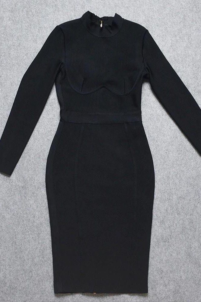Woman wearing a figure flattering  Dee Long Sleeve Bandage Dress - Classic Black BODYCON COLLECTION