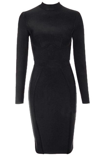 Woman wearing a figure flattering  Dee Long Sleeve Bandage Dress - Classic Black BODYCON COLLECTION
