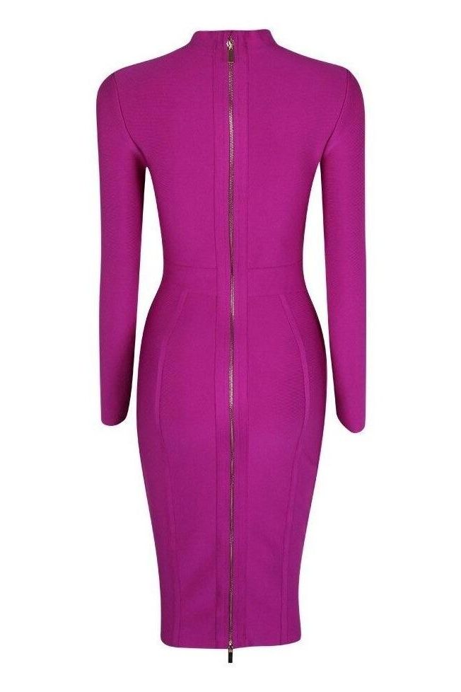 Woman wearing a figure flattering  Dee Long Sleeve Bandage Dress - Neon Purple BODYCON COLLECTION