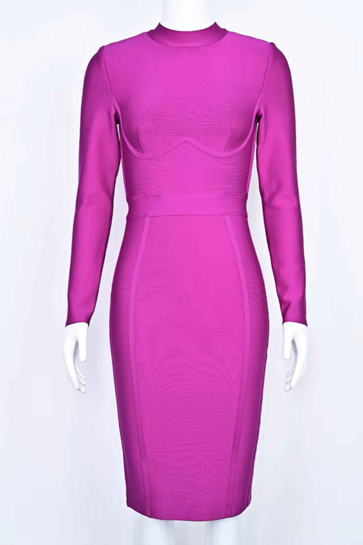 Woman wearing a figure flattering  Dee Long Sleeve Bandage Dress - Neon Purple BODYCON COLLECTION