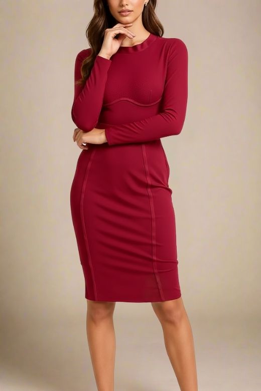 Woman wearing a figure flattering  Dee Long Sleeve Bandage Dress - Red Wine BODYCON COLLECTION
