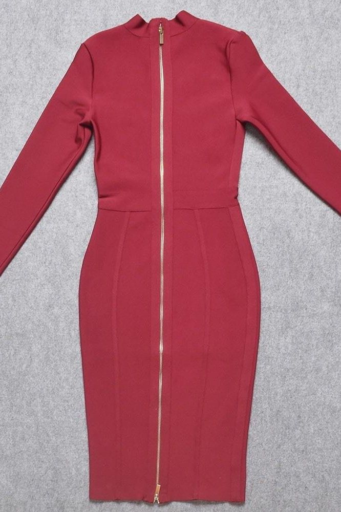 Woman wearing a figure flattering  Dee Long Sleeve Bandage Dress - Red Wine BODYCON COLLECTION