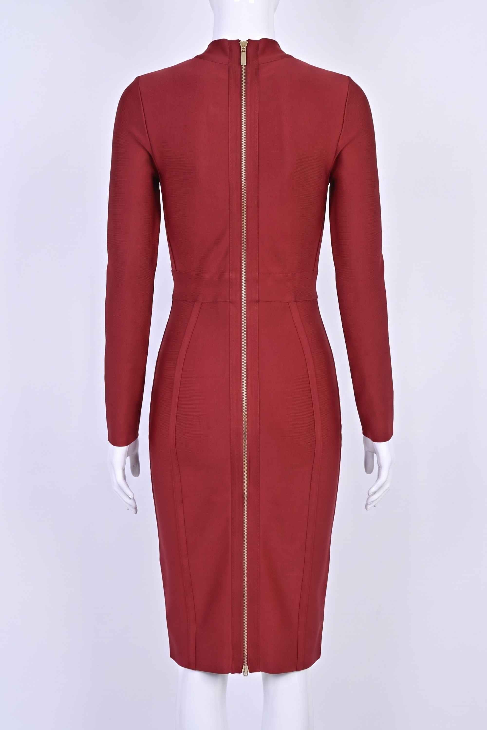 Woman wearing a figure flattering  Dee Long Sleeve Bandage Dress - Red Wine BODYCON COLLECTION