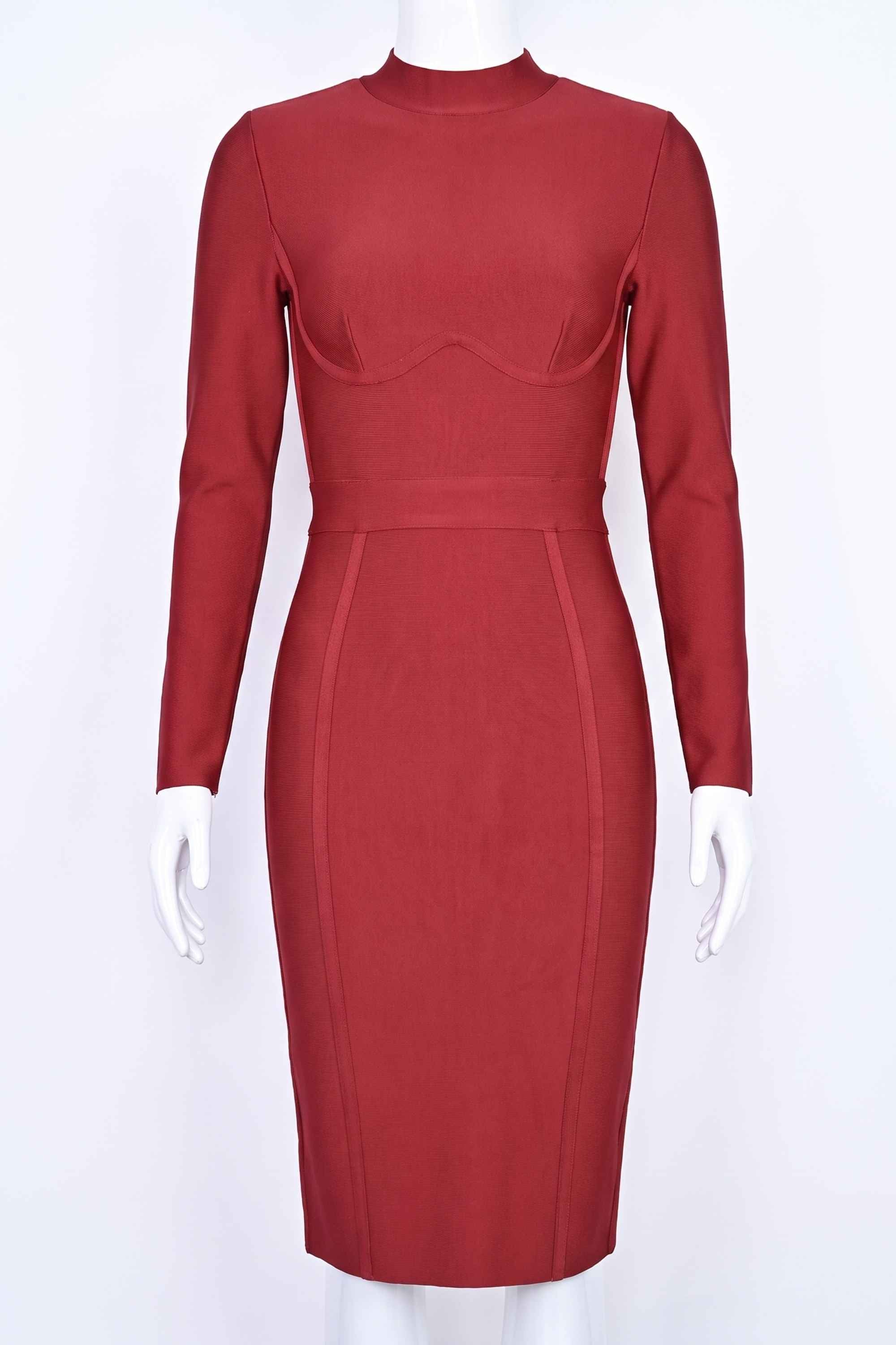 Woman wearing a figure flattering  Dee Long Sleeve Bandage Dress - Red Wine BODYCON COLLECTION