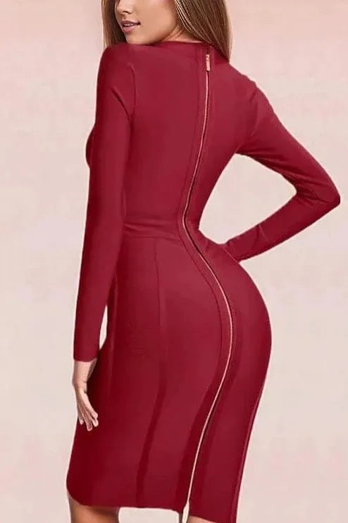 Woman wearing a figure flattering  Dee Long Sleeve Bandage Dress - Red Wine BODYCON COLLECTION