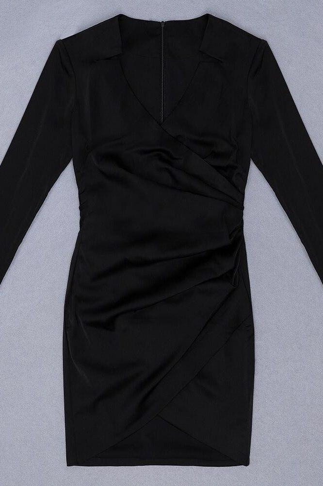 Woman wearing a figure flattering  Demi Long Sleeve Bodycon Mini Dress - Classic Black BODYCON COLLECTION
