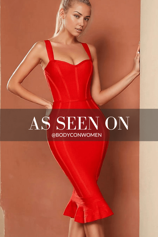 Woman wearing a figure flattering  Diane Bandage Midi Dress - Lipstick Red BODYCON COLLECTION