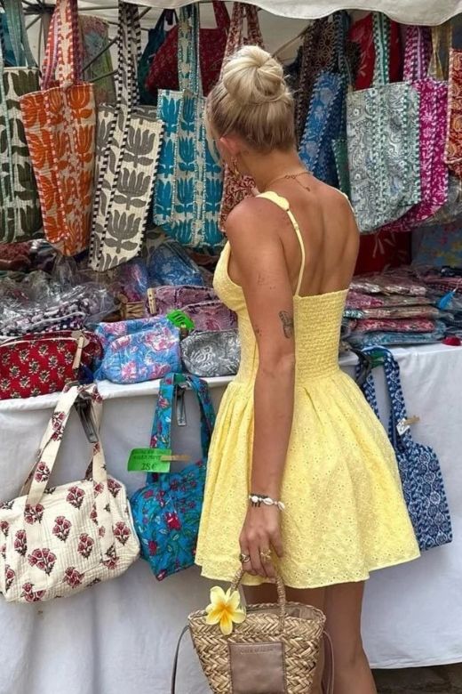 Woman wearing a figure flattering  Dovie Bodycon Mini Dress - Sun Yellow BODYCON COLLECTION Pty Ltd