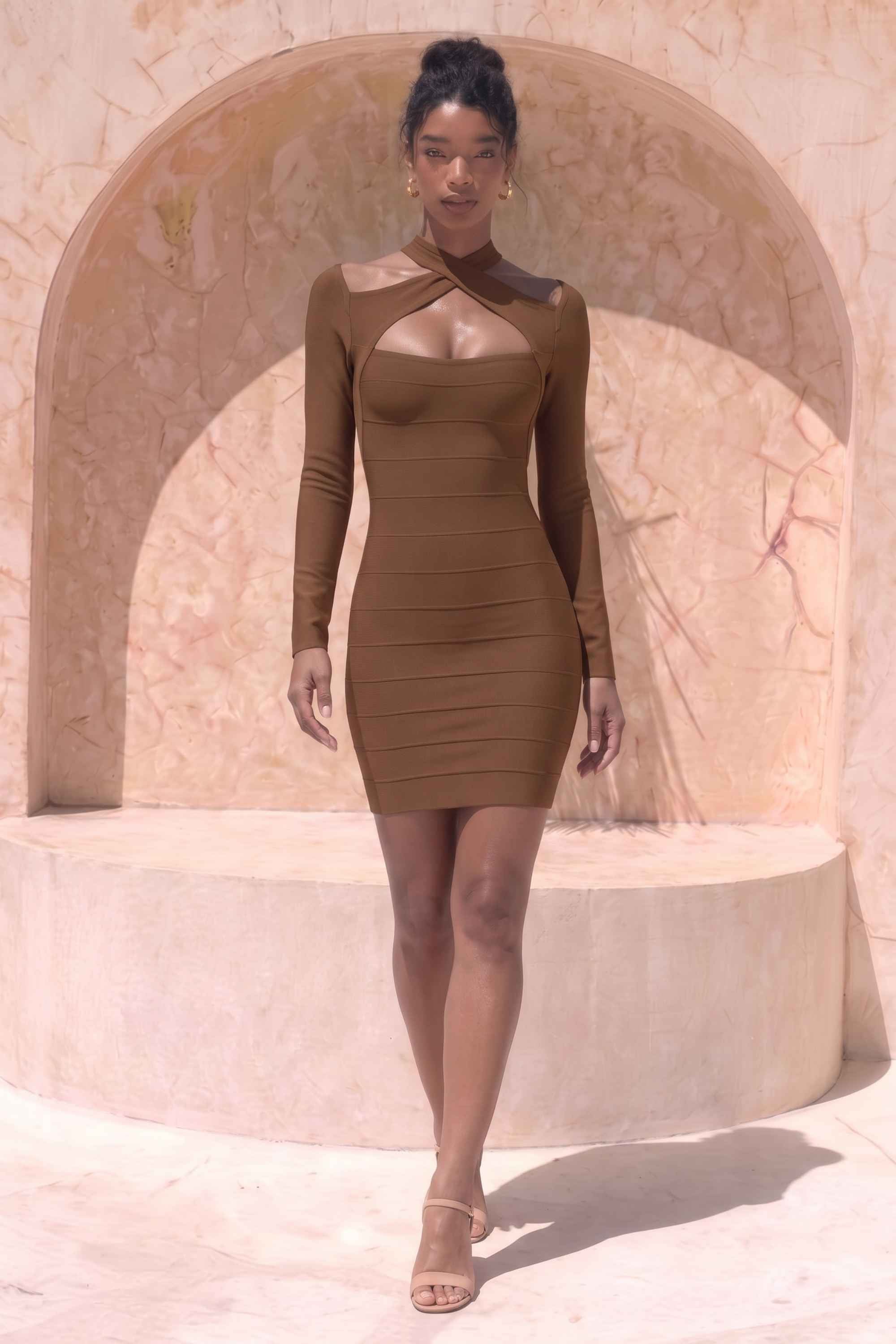 Woman wearing a figure flattering  Dovie Long Sleeve Bandage Mini Dress - Coffee Brown BODYCON COLLECTION Pty Ltd