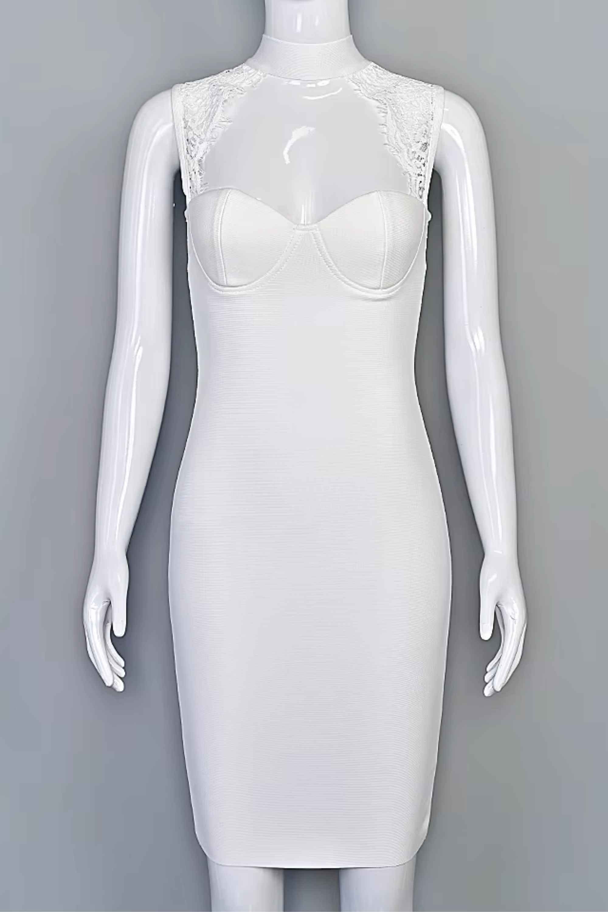 Woman wearing a figure flattering  Elia Bandage Dress - Pearl White BODYCON COLLECTION Pty Ltd