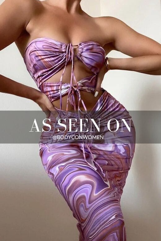 Woman wearing a figure flattering  Ellie Bodycon Midi Dress - Lavender Purple BODYCON COLLECTION