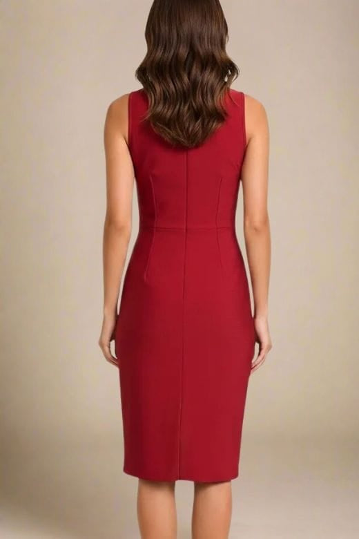 Woman wearing a figure flattering  Elsa Bodycon Dress - Red Wine BODYCON COLLECTION Pty Ltd