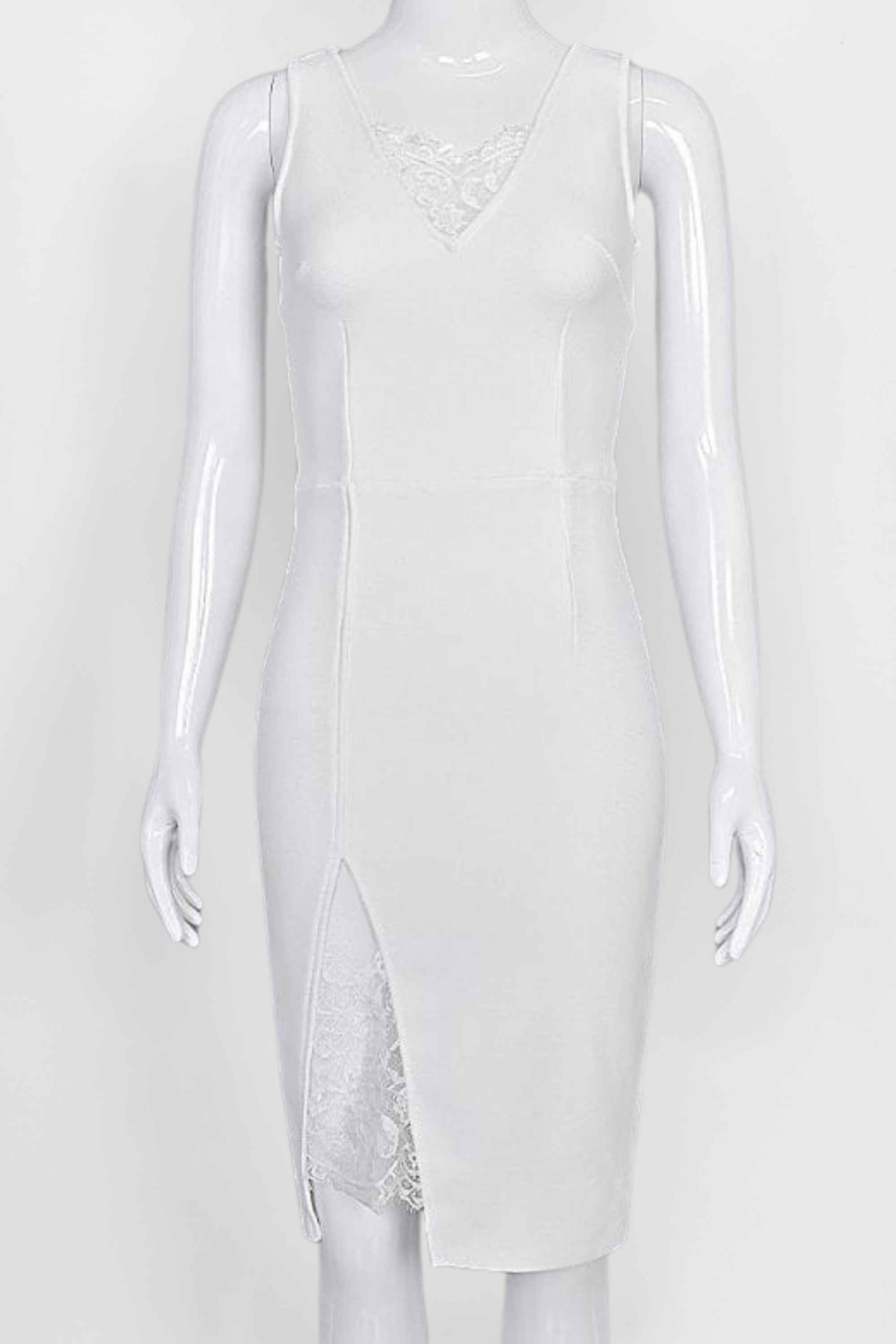 Woman wearing a figure flattering  Elsa Bodycon Dress - White Pearl BODYCON COLLECTION Pty Ltd