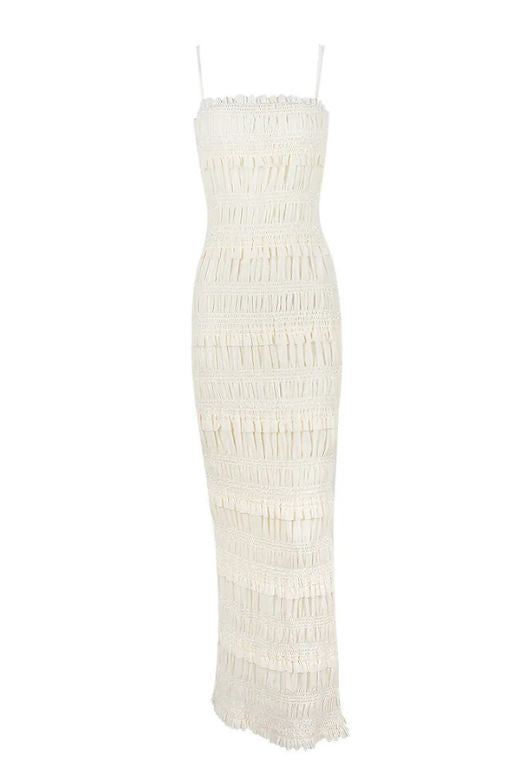 Woman wearing a figure flattering  Elyssa Bodycon Wrap Maxi Dress - Ivory BODYCON COLLECTION