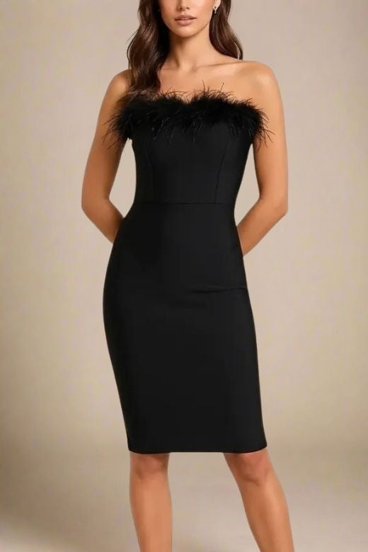 Woman wearing a figure flattering  Erin Bandage Dress - Classic Black BODYCON COLLECTION