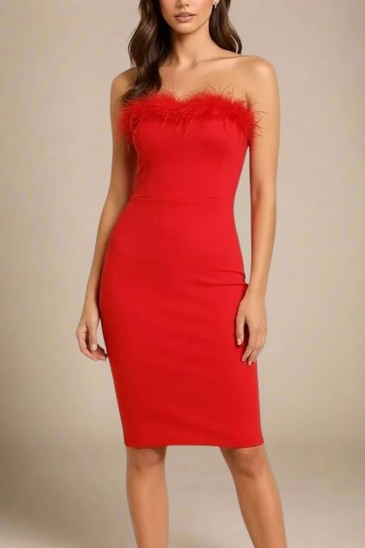 Woman wearing a figure flattering  Erin Bandage Dress - Lipstick Red BODYCON COLLECTION
