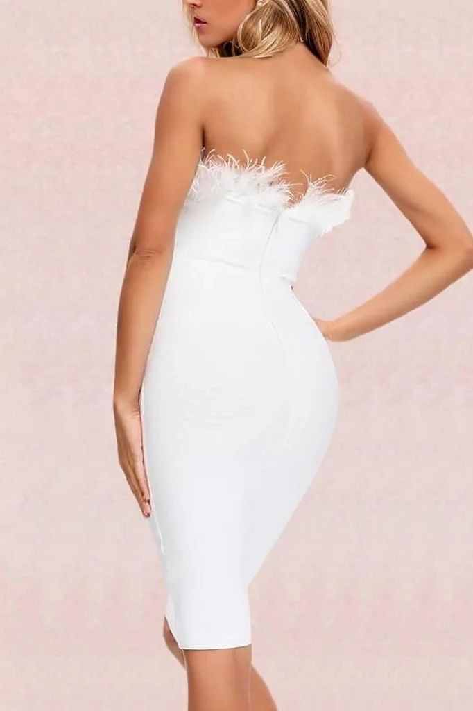 Woman wearing a figure flattering  Erin Bandage Dress - Pearl White BODYCON COLLECTION